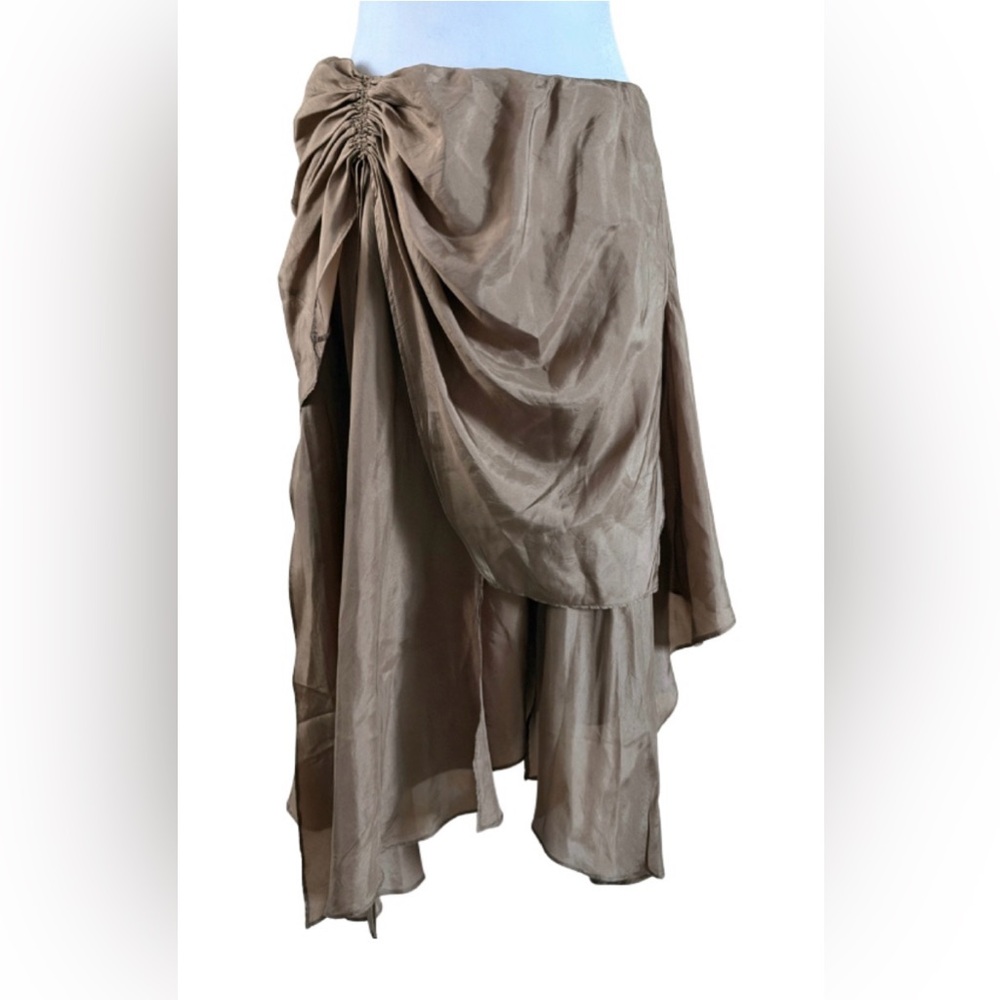 Brown Ruched Draped Asymmetrical Midi Skirt